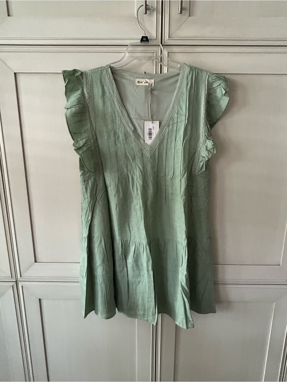 Sage Green V-Neck Ruffle Sleeve Mini Dress
